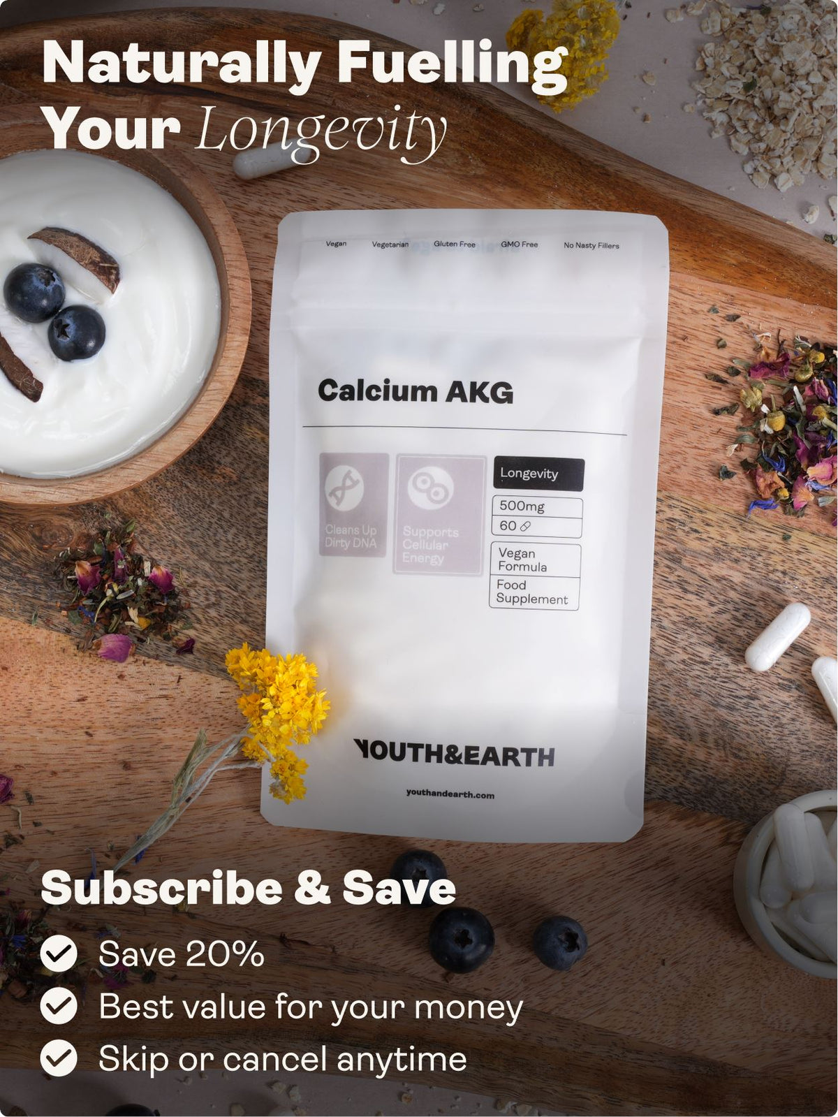 Calcium Alpha Keto-Glutarate (AKG) 500mg x 60 Capsules - Youth & Earth UK Store - Calcium Alpha Keto-Gluterate