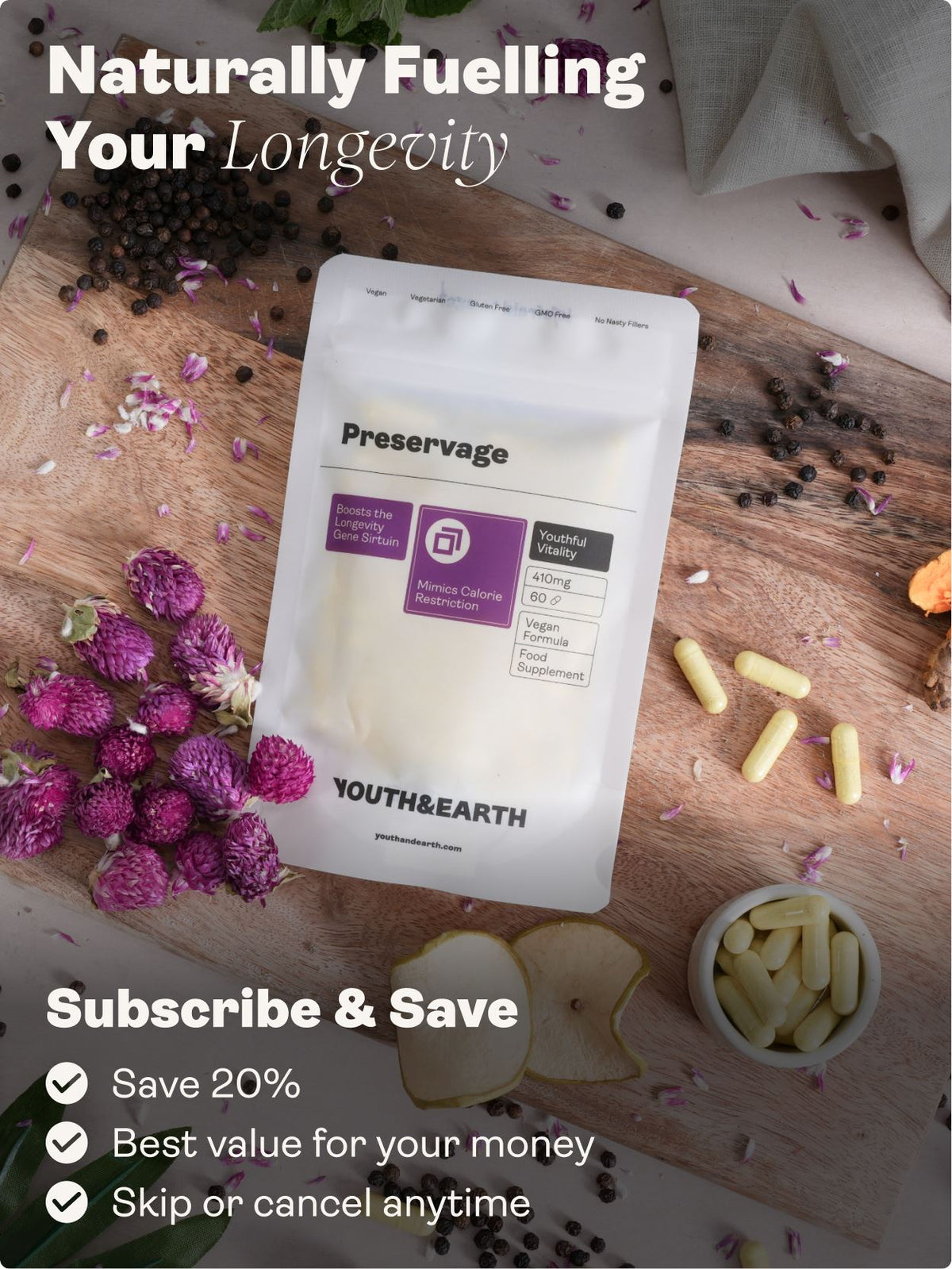 Preservage (Trans-Resveratrol, Curcumin, Quercetin, BioPerine) – 410mg, 60 Capsules - Youth & Earth UK Store - Sirtuin Activator
