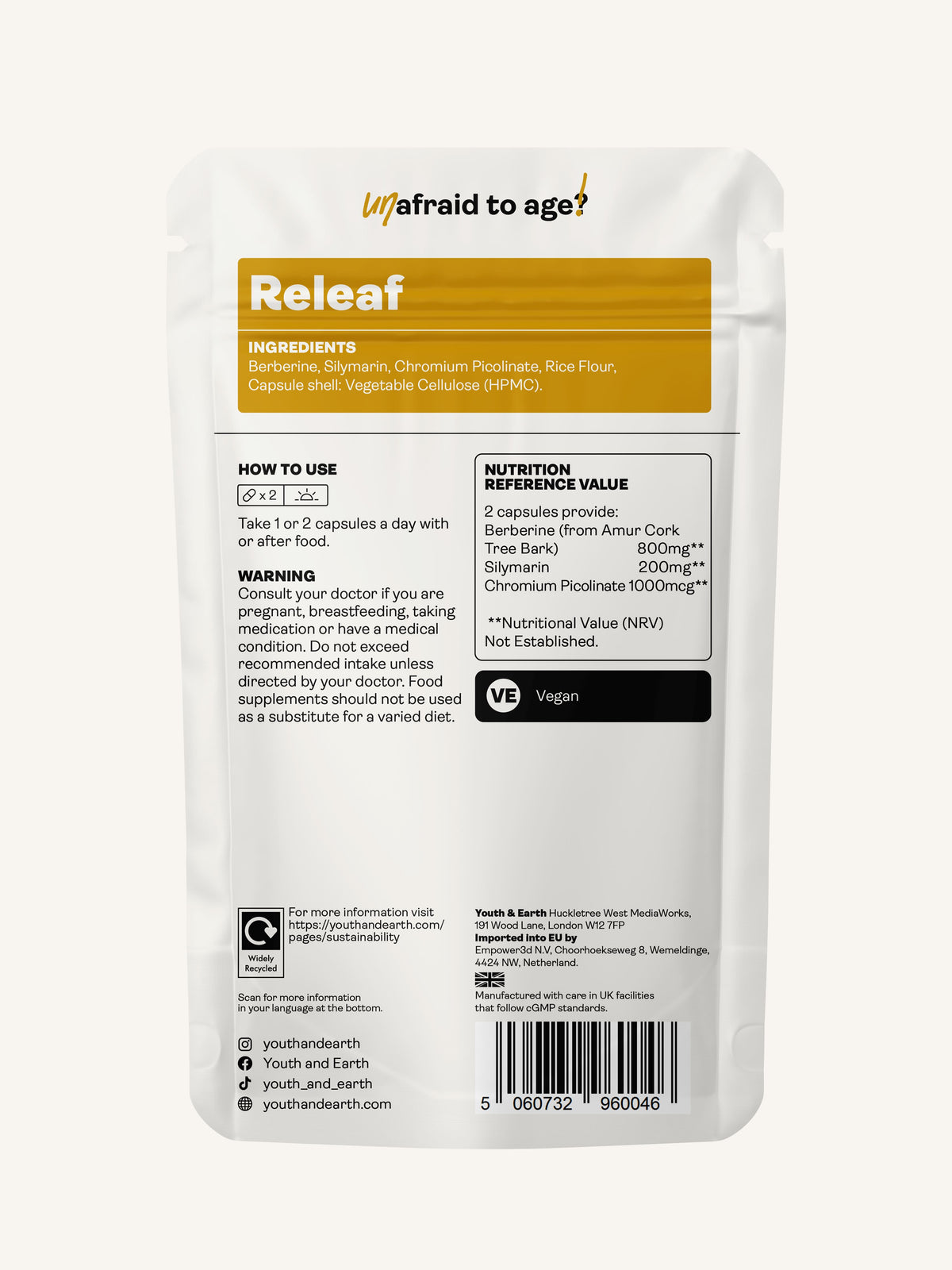 Releaf (Berberine, Silymarin, Chromium Picolinate) 500.5mg, 60 Capsules - Youth & Earth UK Store - Blood Sugar Support