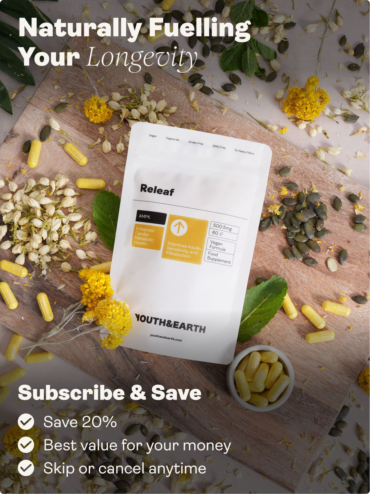 Releaf (Berberine, Silymarin, Chromium Picolinate) 500.5mg, 60 Capsules - Youth & Earth UK Store - Blood Sugar Support