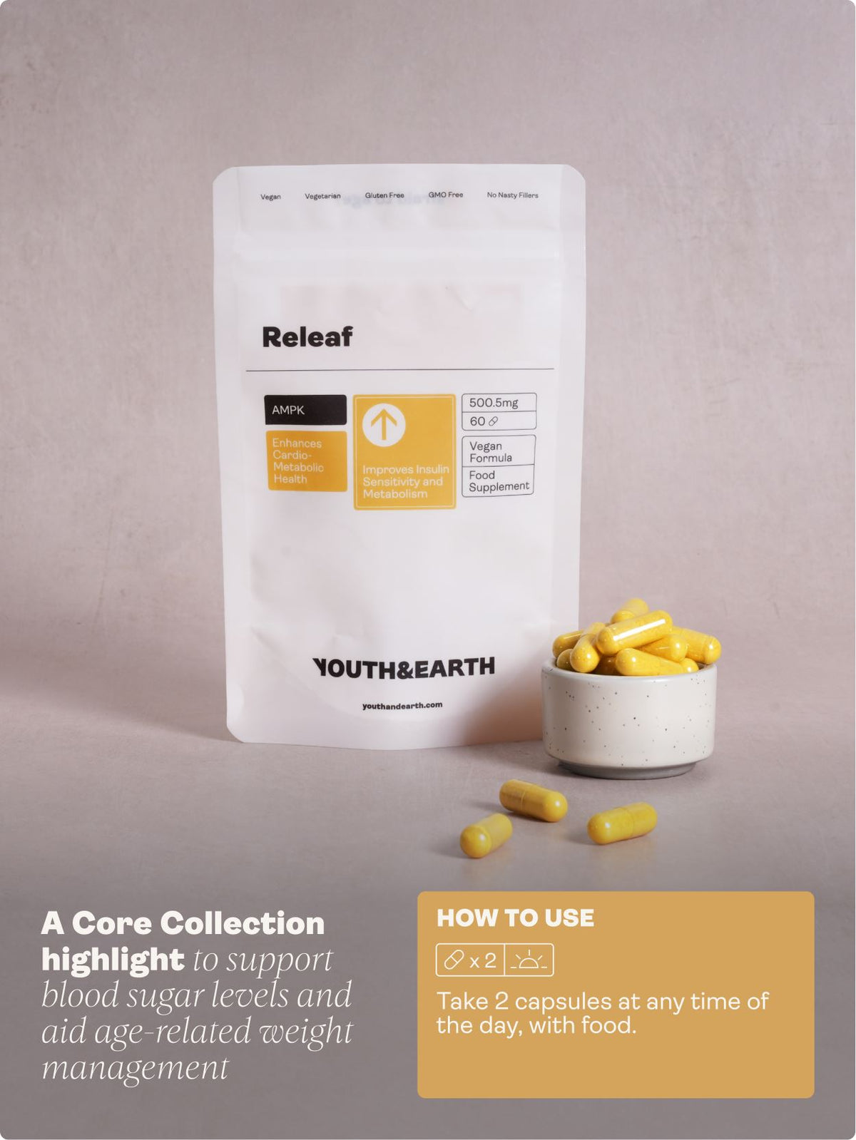 Releaf (Berberine, Silymarin, Chromium Picolinate) 500.5mg, 60 Capsules - Youth & Earth UK Store - Blood Sugar Support