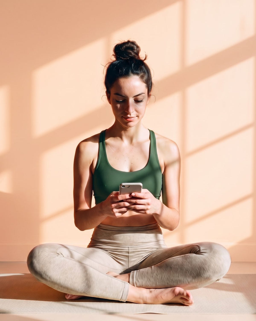 A woman sitting cross-legged in calm, warm light