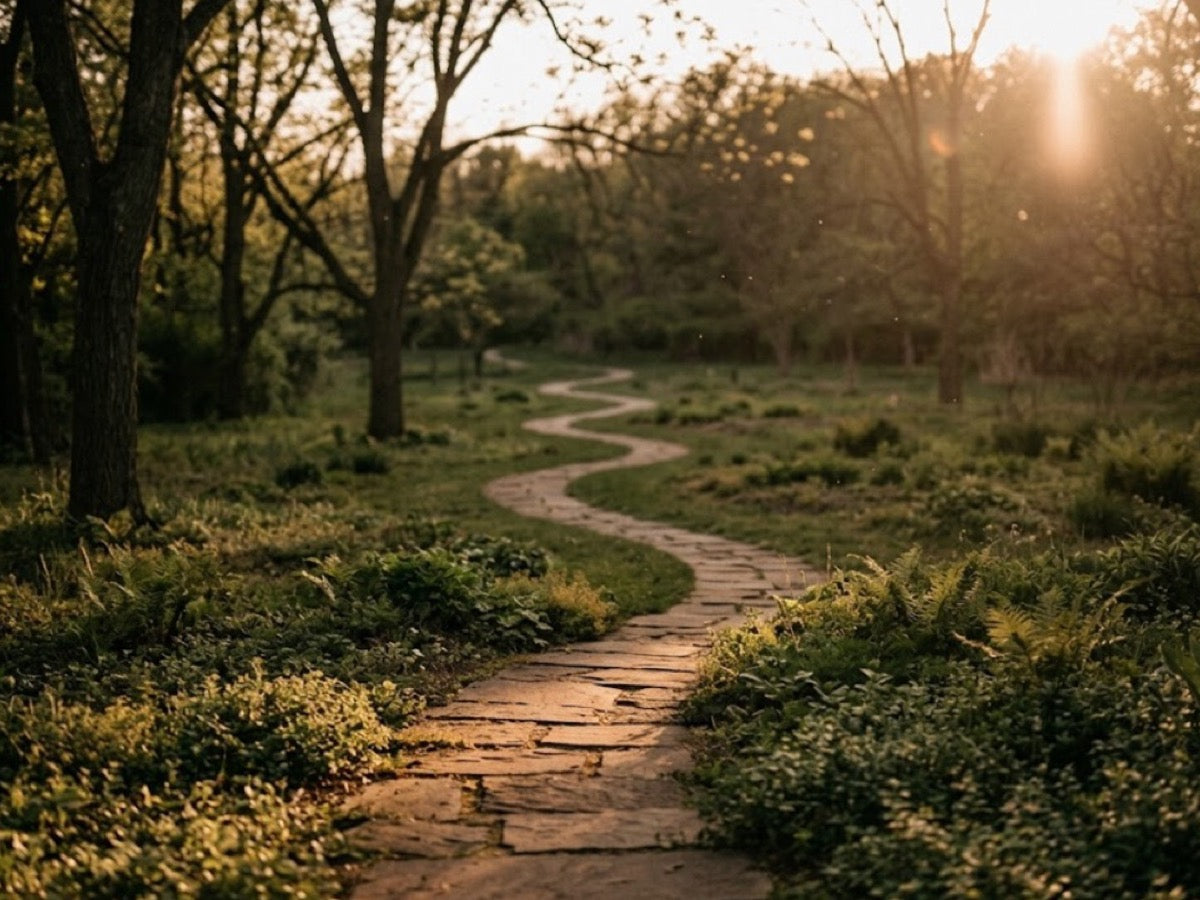 Stone path winding through a sunlit woodland