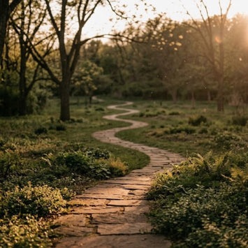 Stone path winding through a sunlit woodland