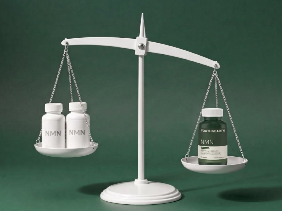 Balance scale weighing two NMN bottles against one Youth & Earth NMN bottle