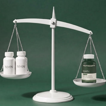 Balance scale weighing two NMN bottles against one Youth & Earth NMN bottle