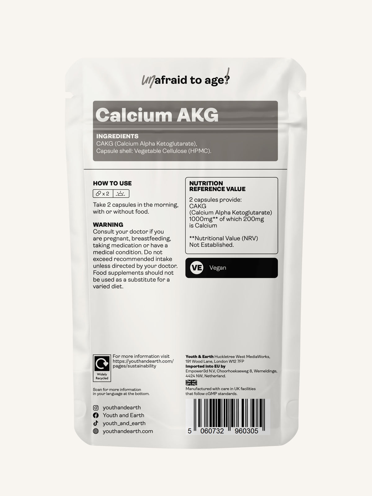 Calcium Alpha Keto-Glutarate (AKG) 500mg x 60 Capsules - Youth &amp; Earth UK Store - Calcium Alpha Keto-Gluterate