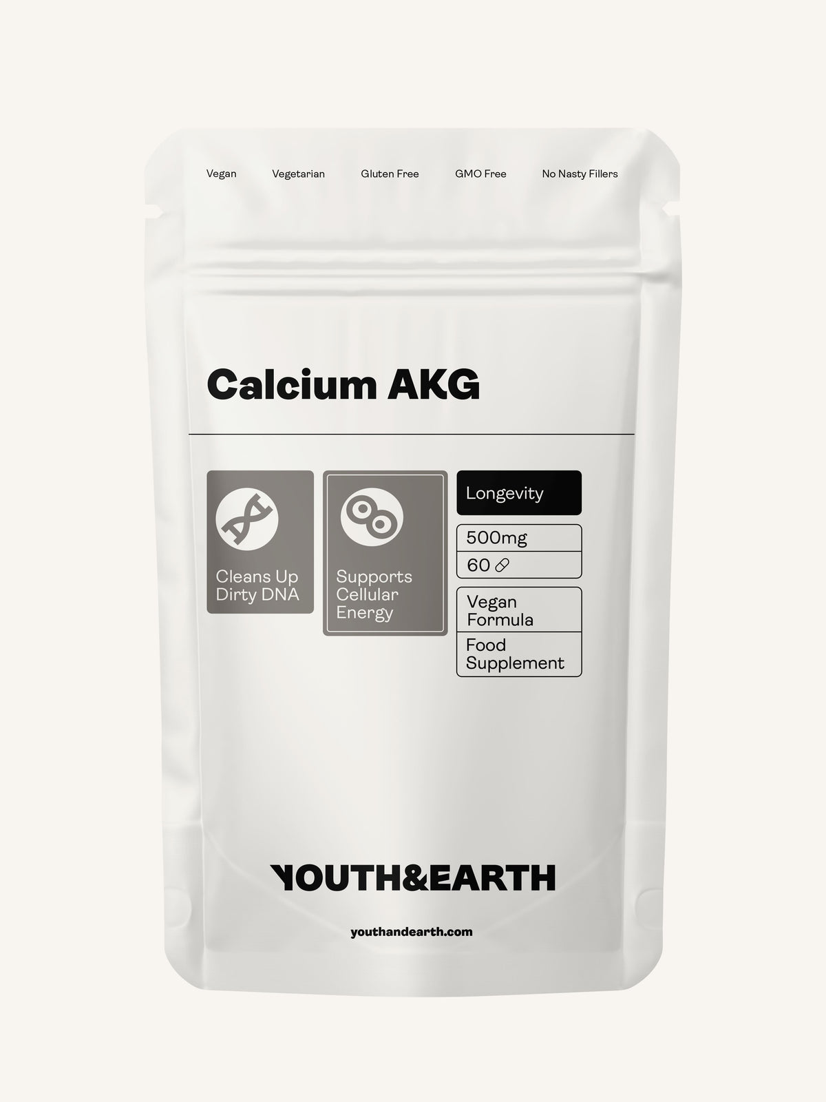 Calcium Alpha Keto-Glutarate (AKG) 500mg x 60 Capsules - Youth &amp; Earth UK Store - Calcium Alpha Keto-Gluterate