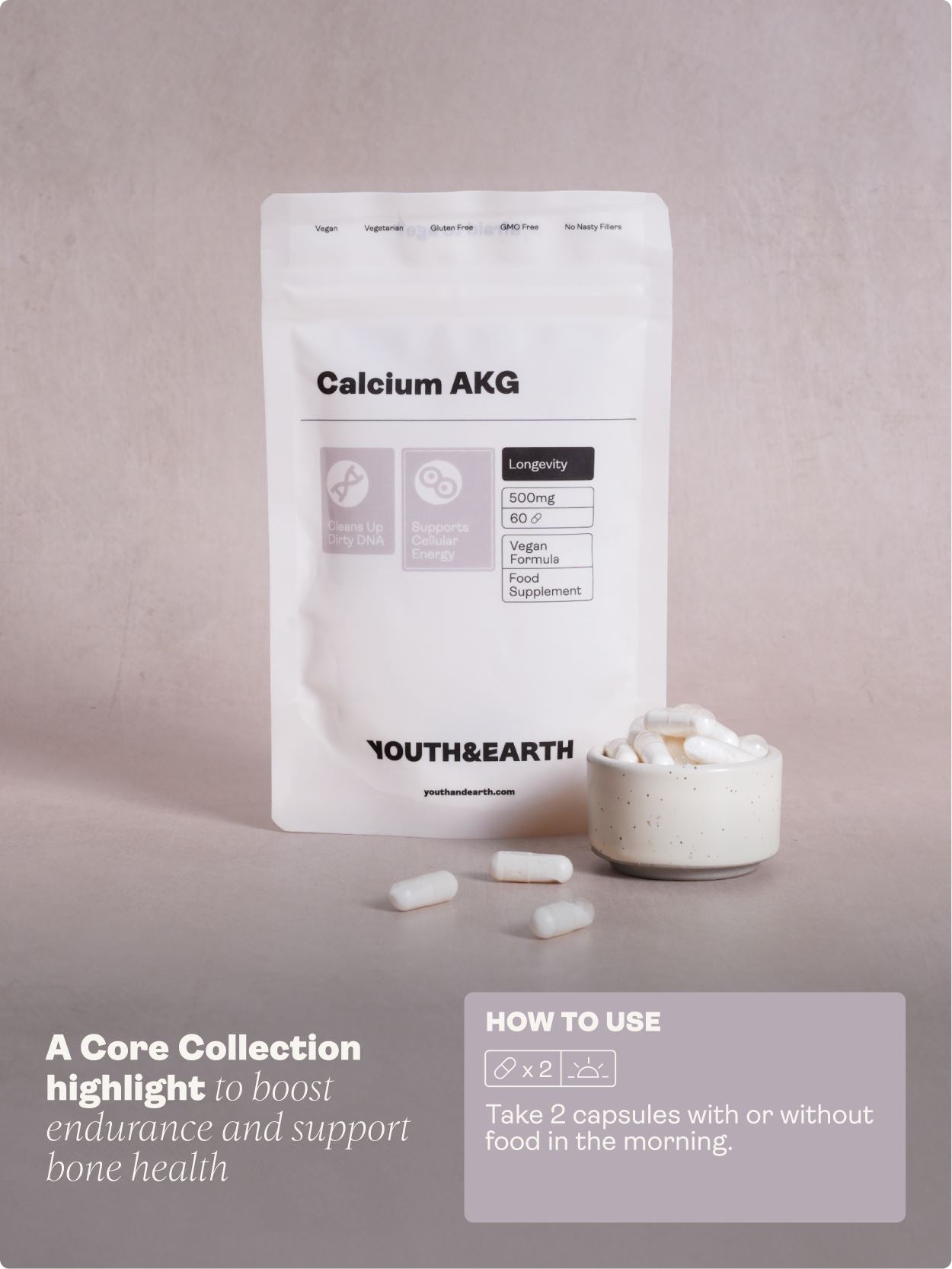 Calcium Alpha Keto-Glutarate (AKG) 500mg x 60 Capsules - Youth & Earth UK Store - Calcium Alpha Keto-Gluterate