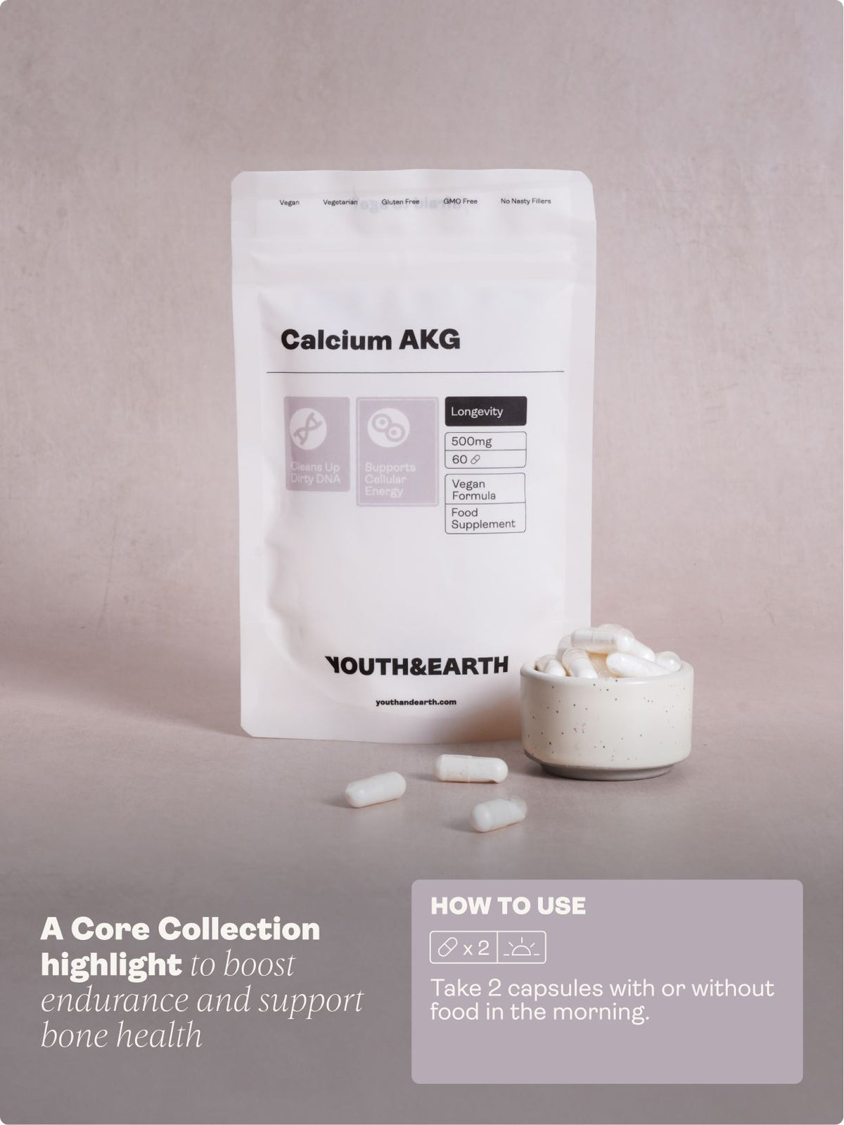 Calcium Alpha Keto-Glutarate (AKG) 500mg x 60 Capsules - Youth &amp; Earth UK Store - Calcium Alpha Keto-Gluterate