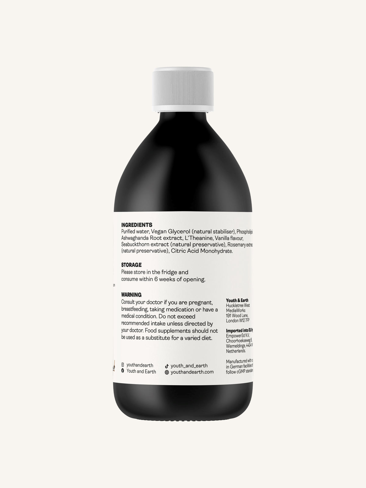 Liposomal Ashwagandha 200mg &amp; L&#39;Theanine 200mg – Coffee &amp; Vanilla Flavour, 250ml - Youth &amp; Earth UK Store - Liposomal Ashwagandha &amp; L&#39;Theanine