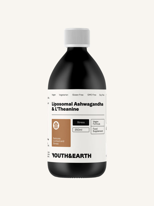 Liposomal Ashwagandha 200mg & L'Theanine 200mg – Coffee & Vanilla Flavour, 250ml - Youth & Earth UK Store - Liposomal Ashwagandha & L'Theanine