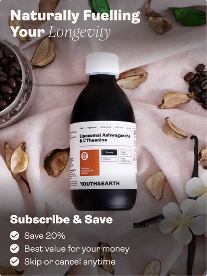 Liposomal Ashwagandha 200mg & L'Theanine 200mg – Coffee & Vanilla Flavour, 250ml - Youth & Earth UK Store - Liposomal Ashwagandha & L'Theanine