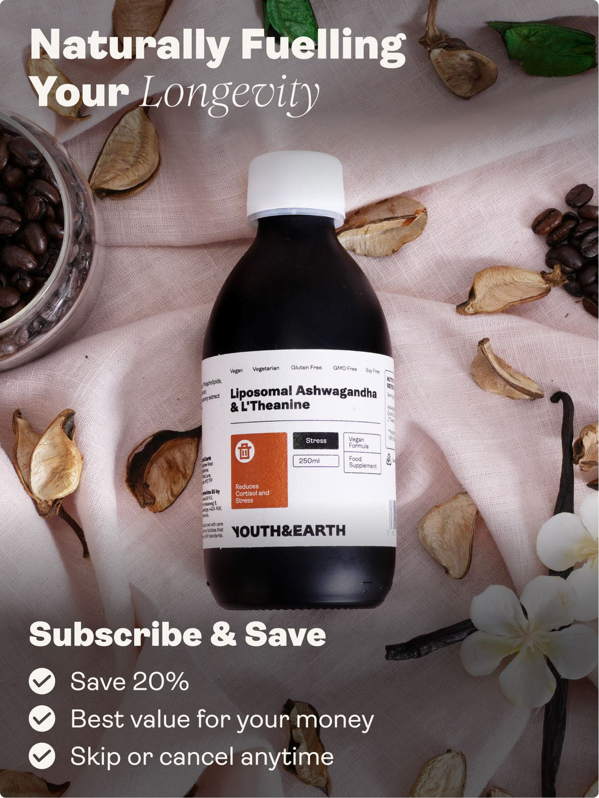 Liposomal Ashwagandha 200mg &amp; L&#39;Theanine 200mg – Coffee &amp; Vanilla Flavour, 250ml - Youth &amp; Earth UK Store - Liposomal Ashwagandha &amp; L&#39;Theanine
