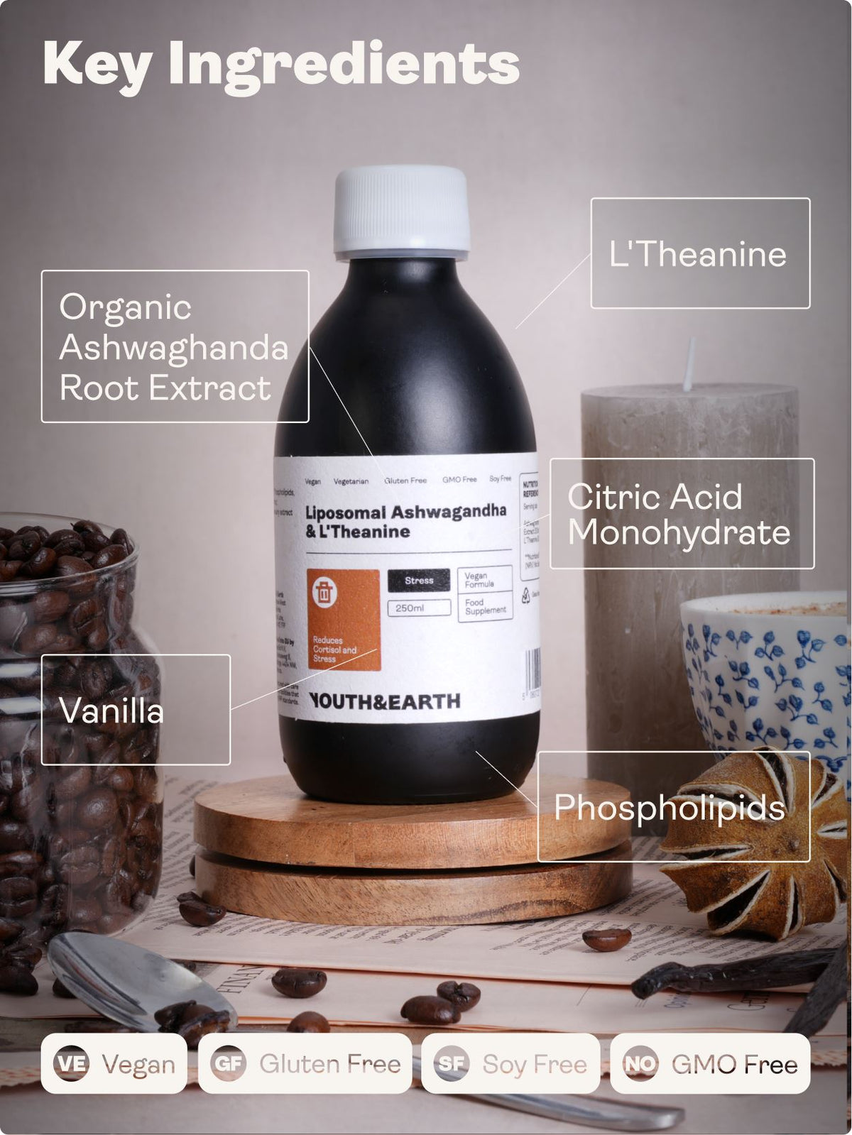 Liposomal Ashwagandha 200mg &amp; L&#39;Theanine 200mg – Coffee &amp; Vanilla Flavour, 250ml - Youth &amp; Earth UK Store - Liposomal Ashwagandha &amp; L&#39;Theanine