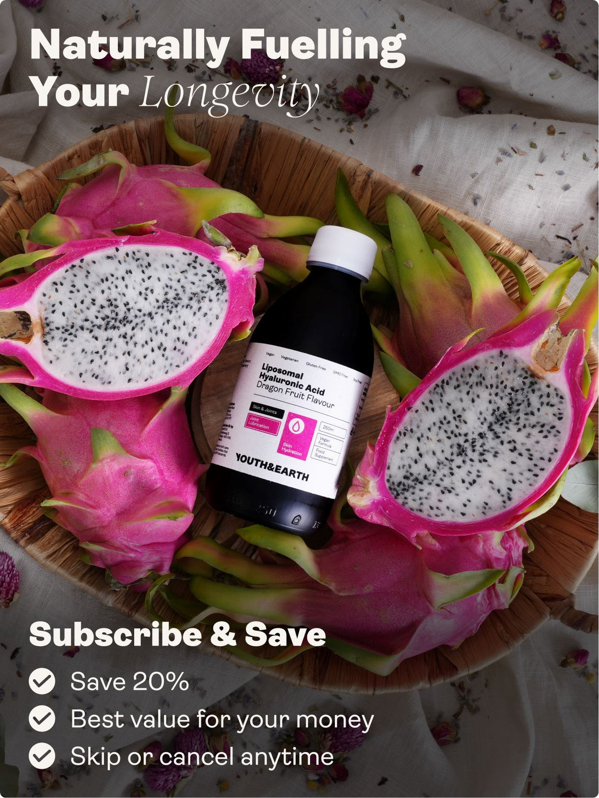 Liposomal Hyaluronic Acid 100mg – Dragon Fruit Flavour, 250ml - Youth &amp; Earth UK Store - Liposomal Products