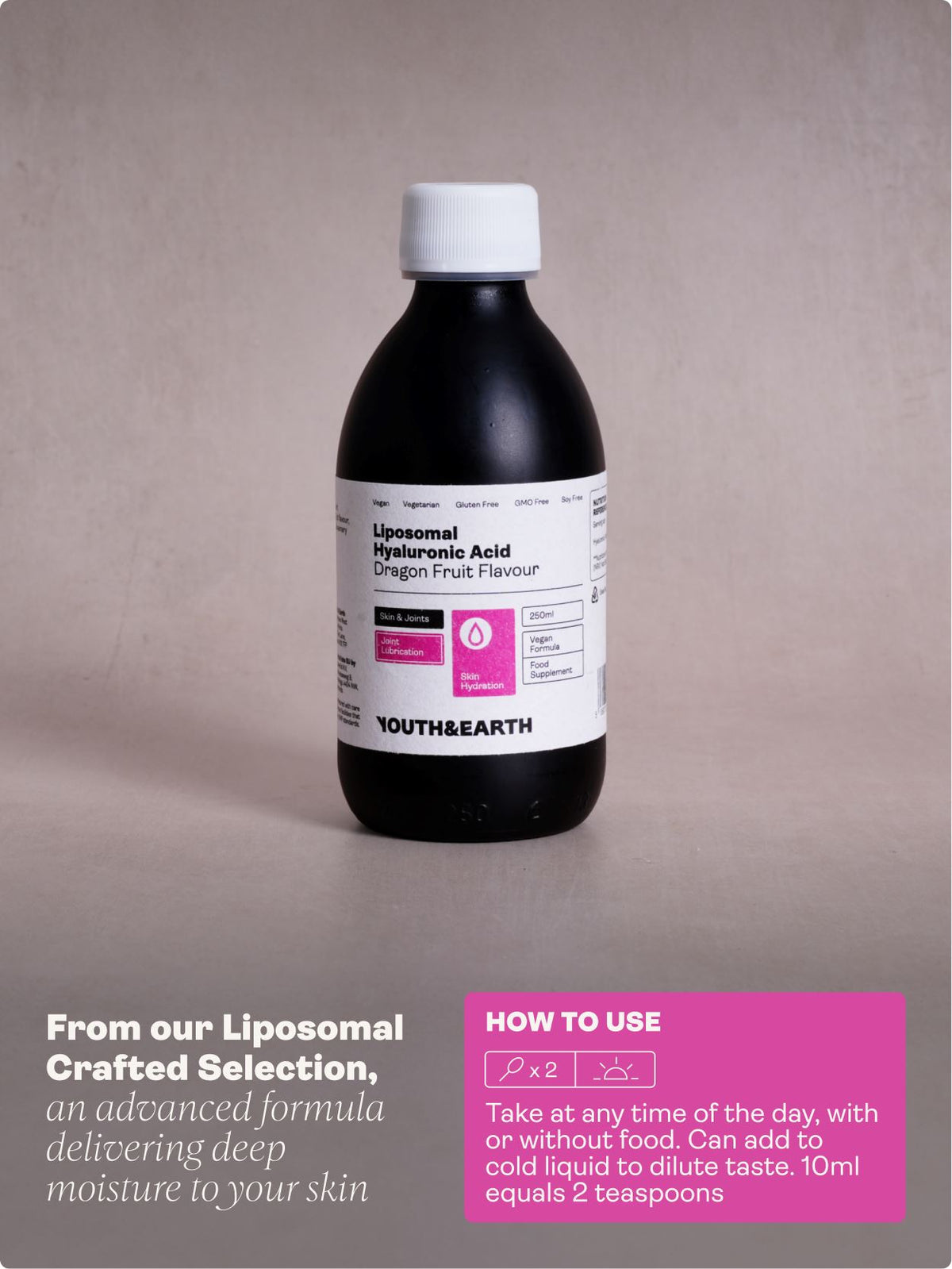 Liposomal Hyaluronic Acid 100mg – Dragon Fruit Flavour, 250ml - Youth &amp; Earth UK Store - Liposomal Products