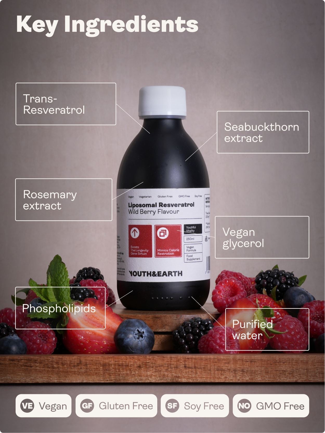 Liposomal Resveratrol 200mg (Wild Berry Flavour, 250ml) - Youth & Earth UK Store - Vitamins & Supplements