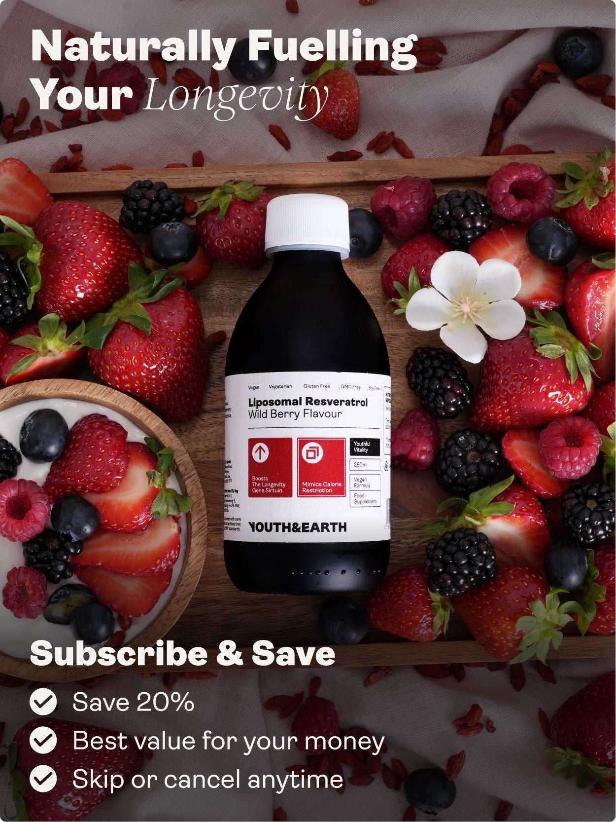 Liposomal Resveratrol 200mg (Wild Berry Flavour, 250ml) - Youth & Earth UK Store - Vitamins & Supplements