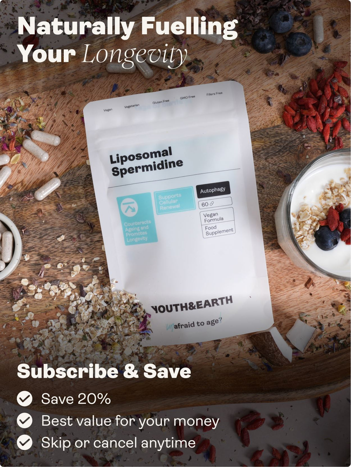 Liposomal Spermidine 5.49mg - 60 Capsules - Youth &amp; Earth UK Store - 