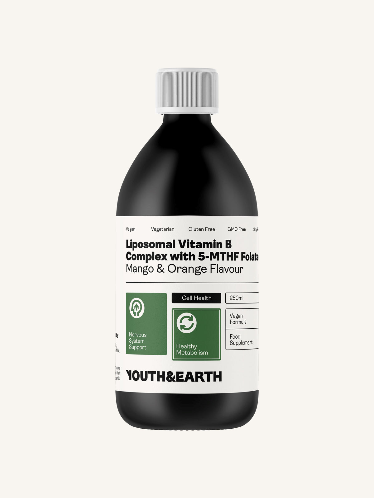 Liposomal Vitamin B Complex with 5-MTHF Folate (Mango &amp; Orange Flavour, 250ml) - Youth &amp; Earth UK Store - 