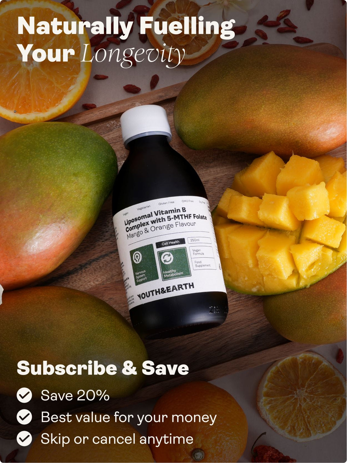 Liposomal Vitamin B Complex with 5-MTHF Folate (Mango &amp; Orange Flavour, 250ml) - Youth &amp; Earth UK Store - 