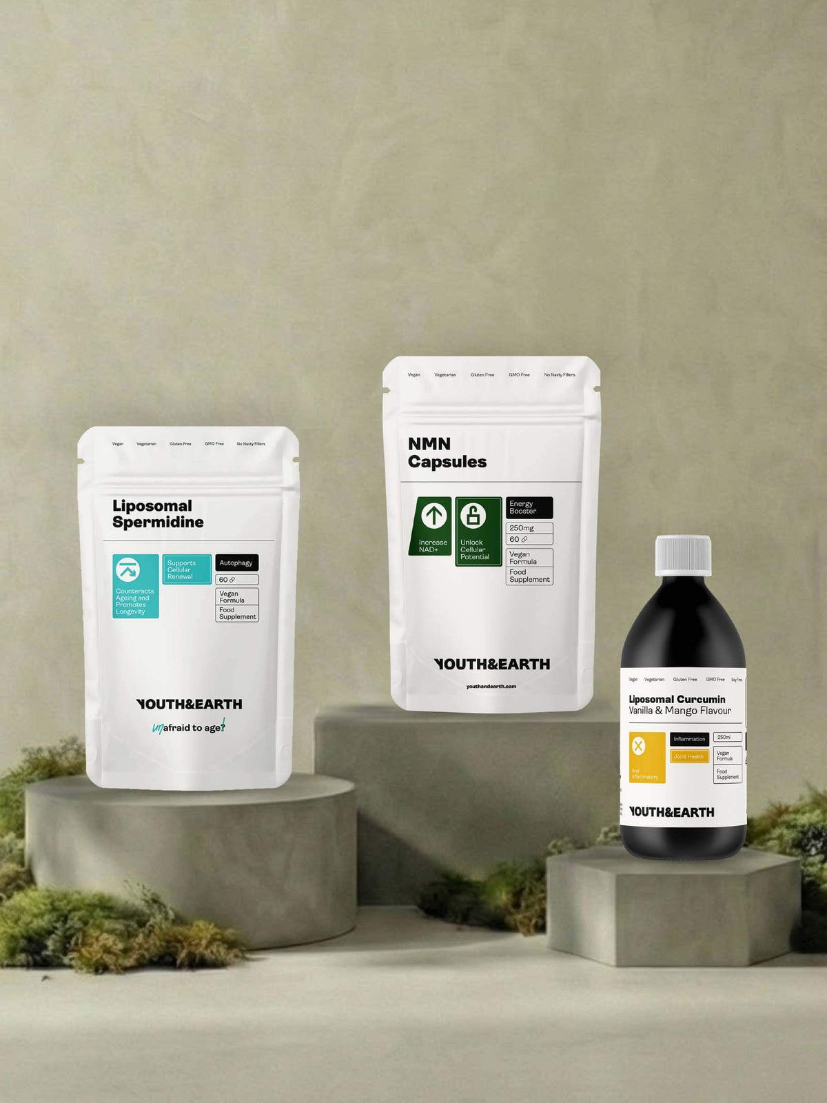Longevity Essentials Trio (NMN & Liposomal Spermidine & Liposomal Curcumin) - Youth & Earth UK Store - 