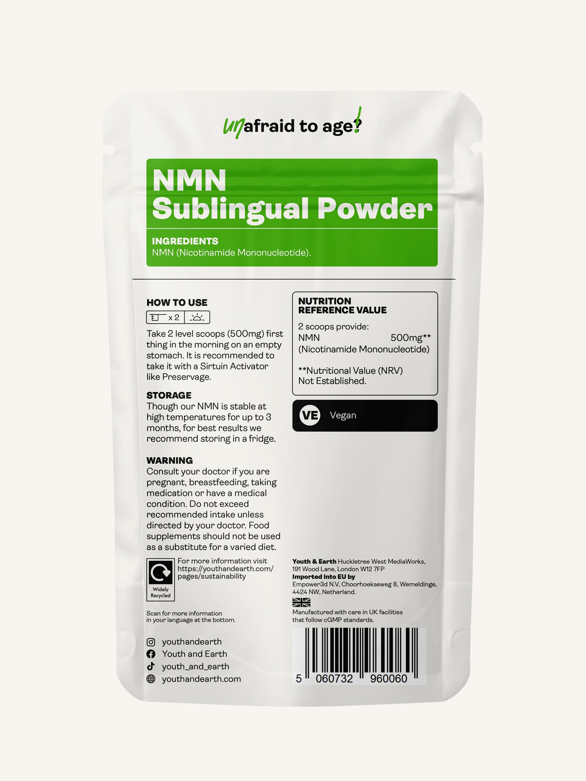 NMN Nicotinamide Mononucleotide Sublingual Powder - Youth &amp; Earth UK Store - 