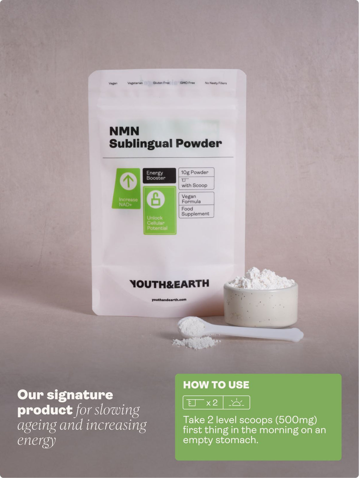 NMN Nicotinamide Mononucleotide Sublingual Powder - Youth &amp; Earth UK Store - 