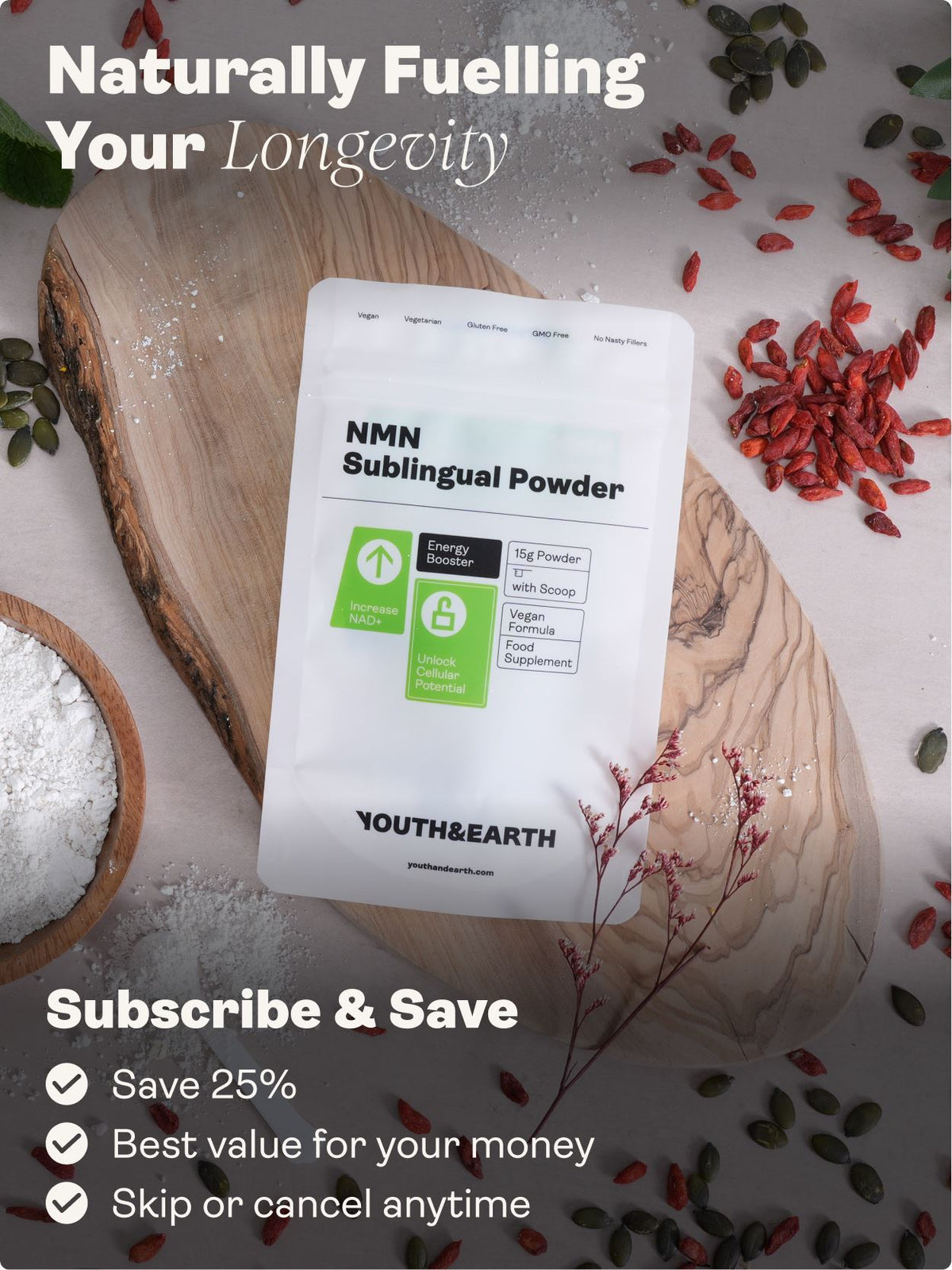 NMN Nicotinamide Mononucleotide Sublingual Powder - Youth &amp; Earth UK Store - 
