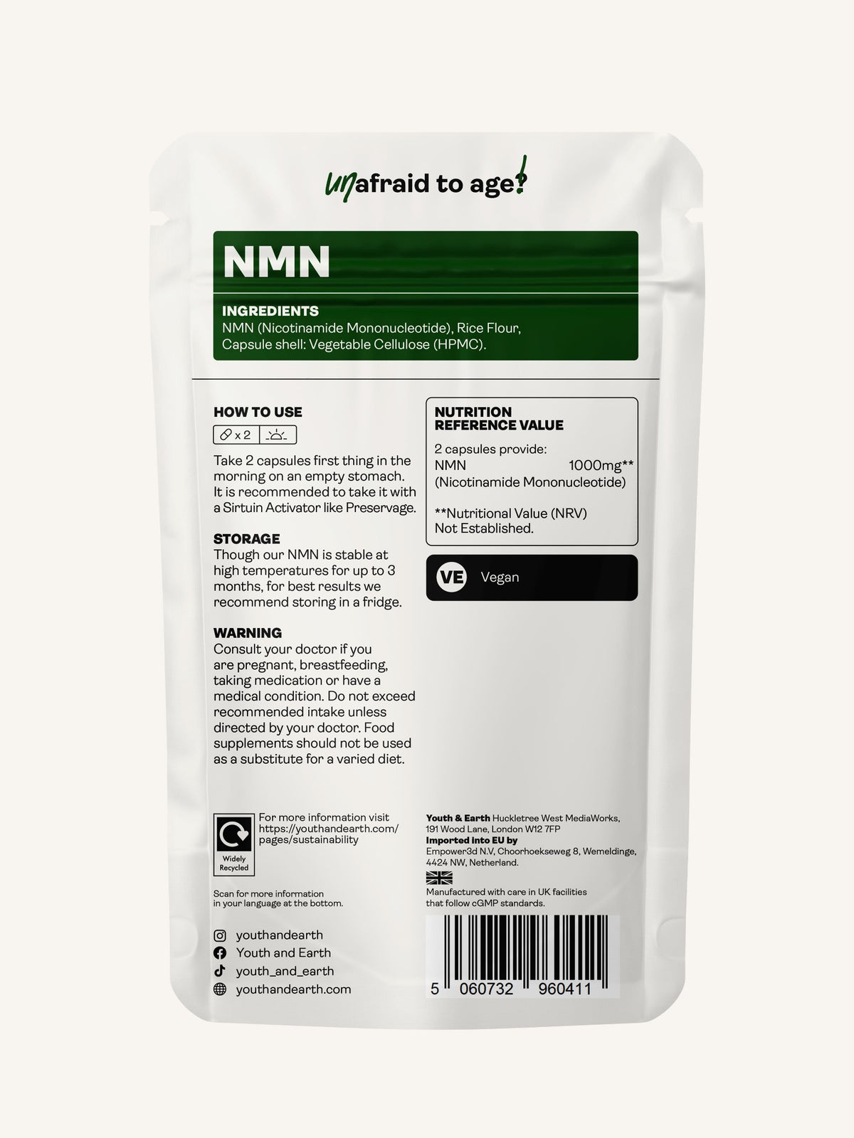 NMN Supplement - 60 Capsules - Youth &amp; Earth UK Store - 
