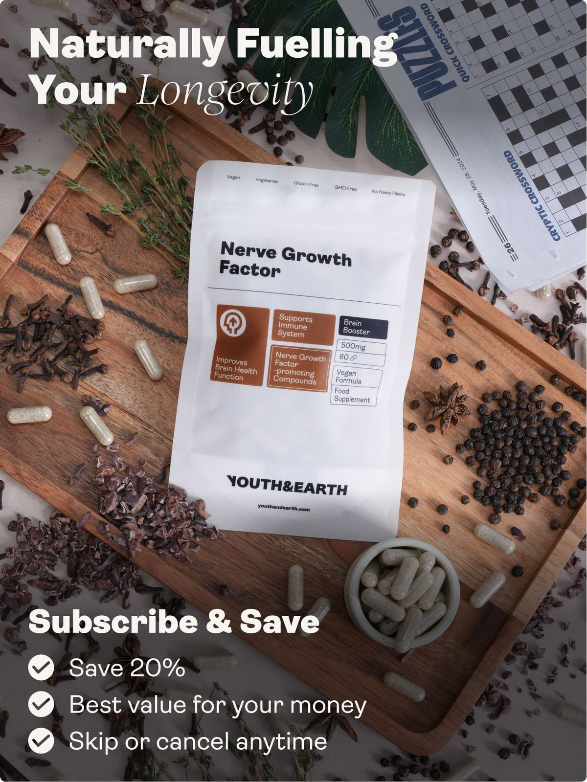 Nerve Growth Factor (Lion's Mane Erinacines, Hericenones , Rhodiola, Ginseng, Bioperine) – 500mg, 60 Capsules - Youth & Earth UK Store - 