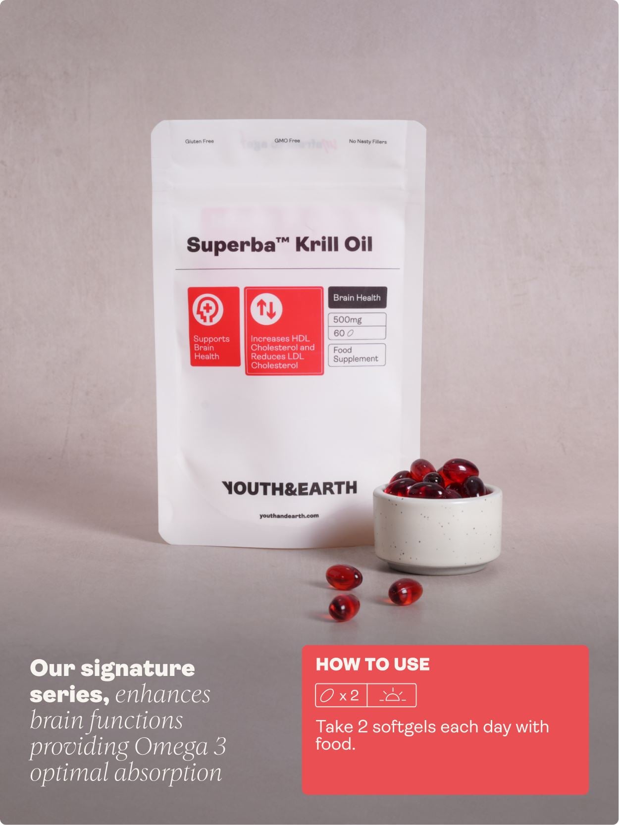Omega-3 Krill Oil – 500mg, 60 Softgels - Youth & Earth UK Store - Brain Health