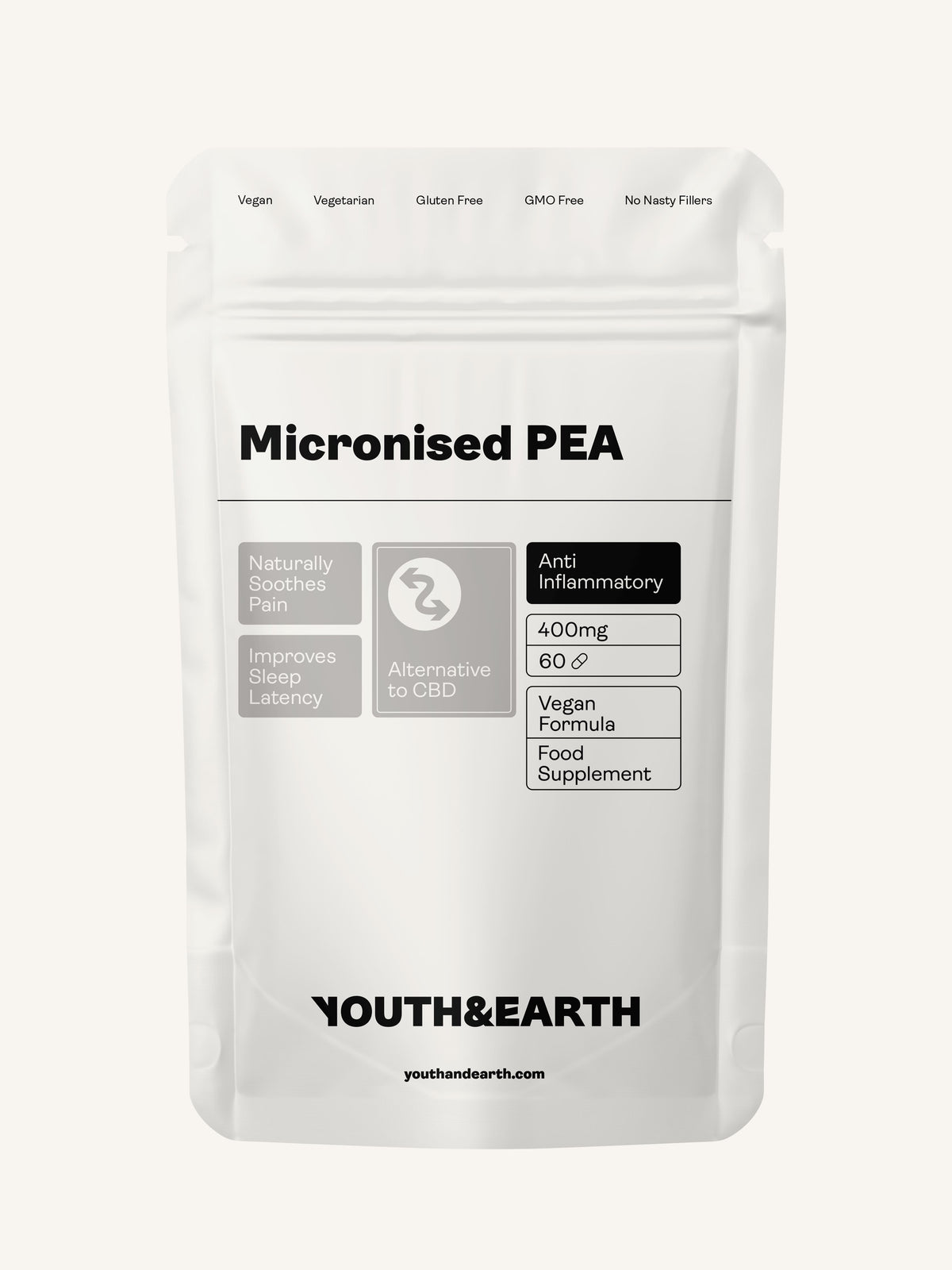 PEA (Palmitoylethanolamide) Micronised – 400mg, 60 Capsules - Youth &amp; Earth UK Store - Vitamins &amp; Supplements