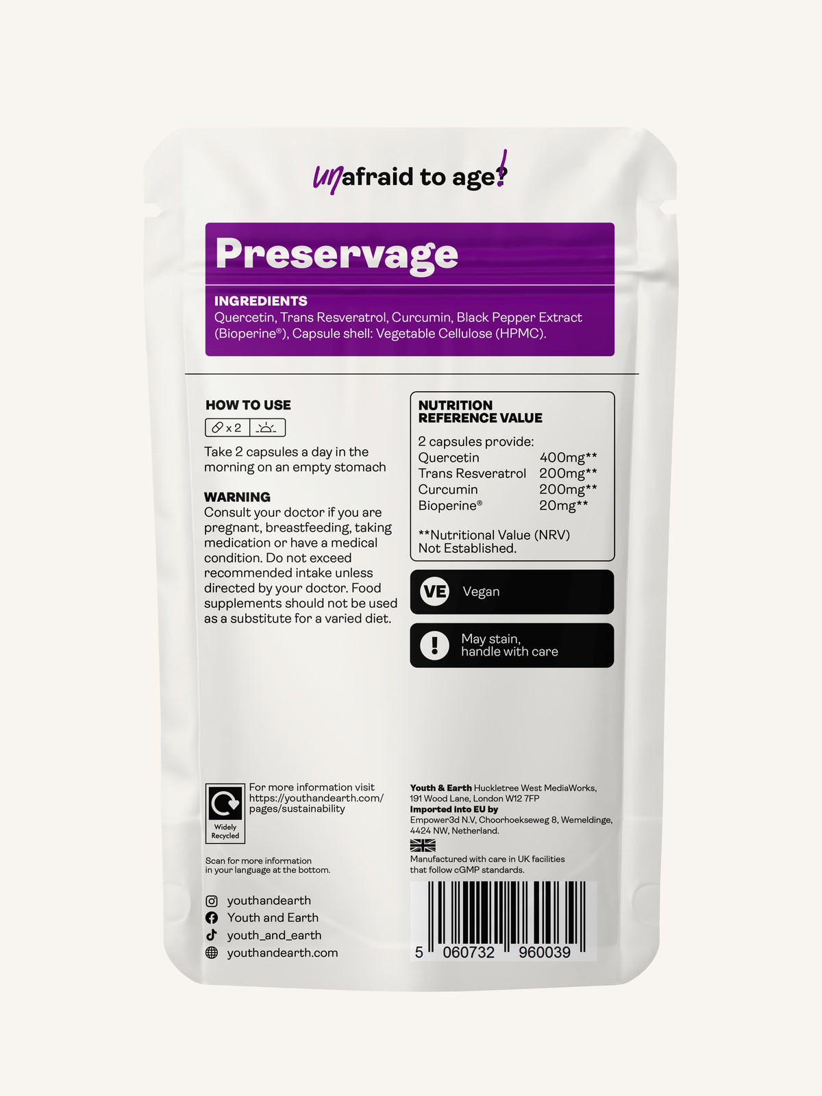 Preservage (Trans-Resveratrol, Curcumin, Quercetin, BioPerine) – 410mg, 60 Capsules - Youth &amp; Earth UK Store - Sirtuin Activator