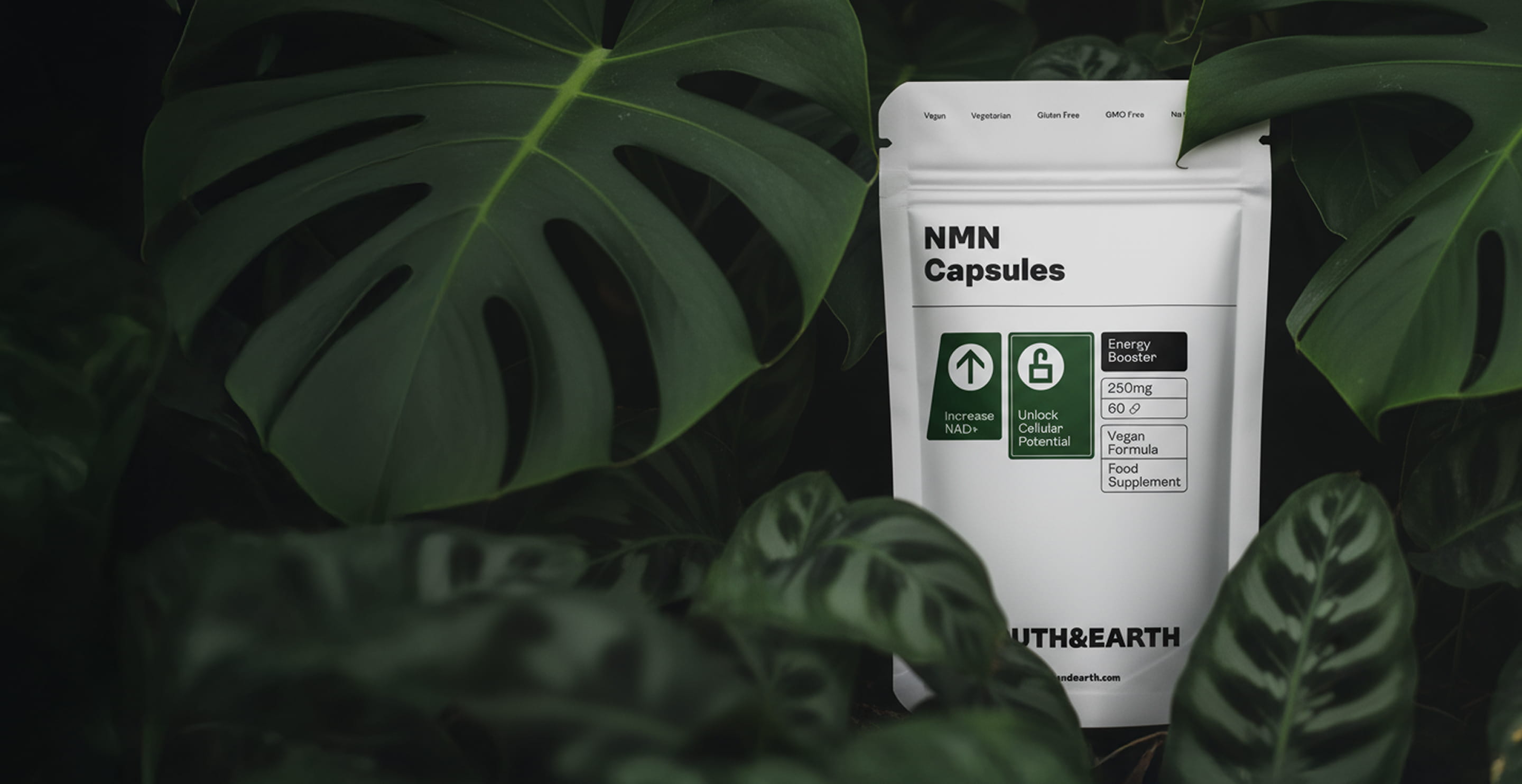 NMN Capsules packaging with green leaves in the background