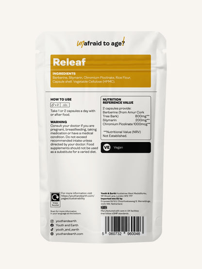 Releaf (Berberine, Silymarin, Chromium Picolinate) 500.5mg, 60 Capsules - Youth & Earth UK Store - Blood Sugar Support