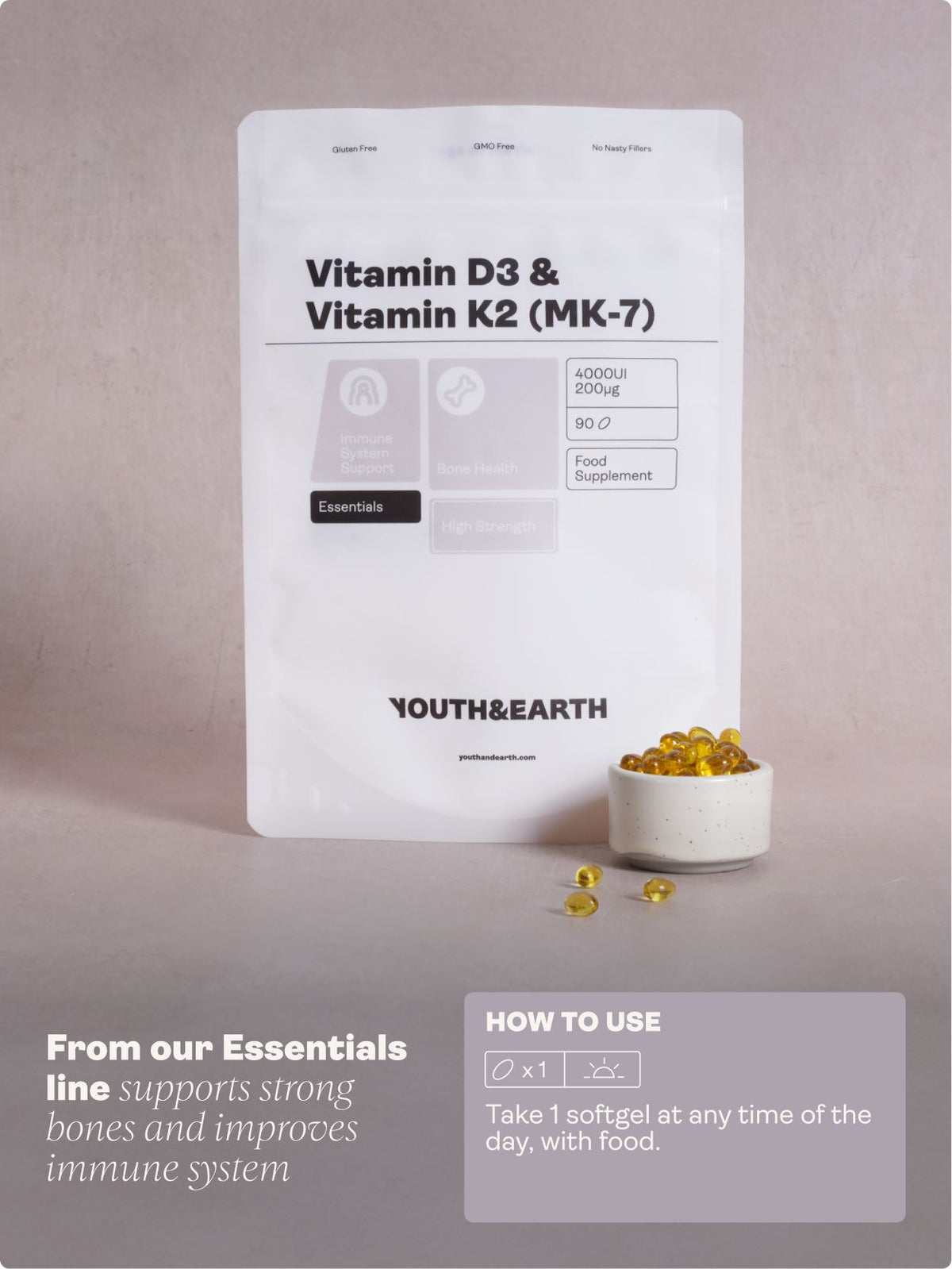 Vitamin D3 4000UI + K2 200mcg - Youth &amp; Earth UK Store - 
