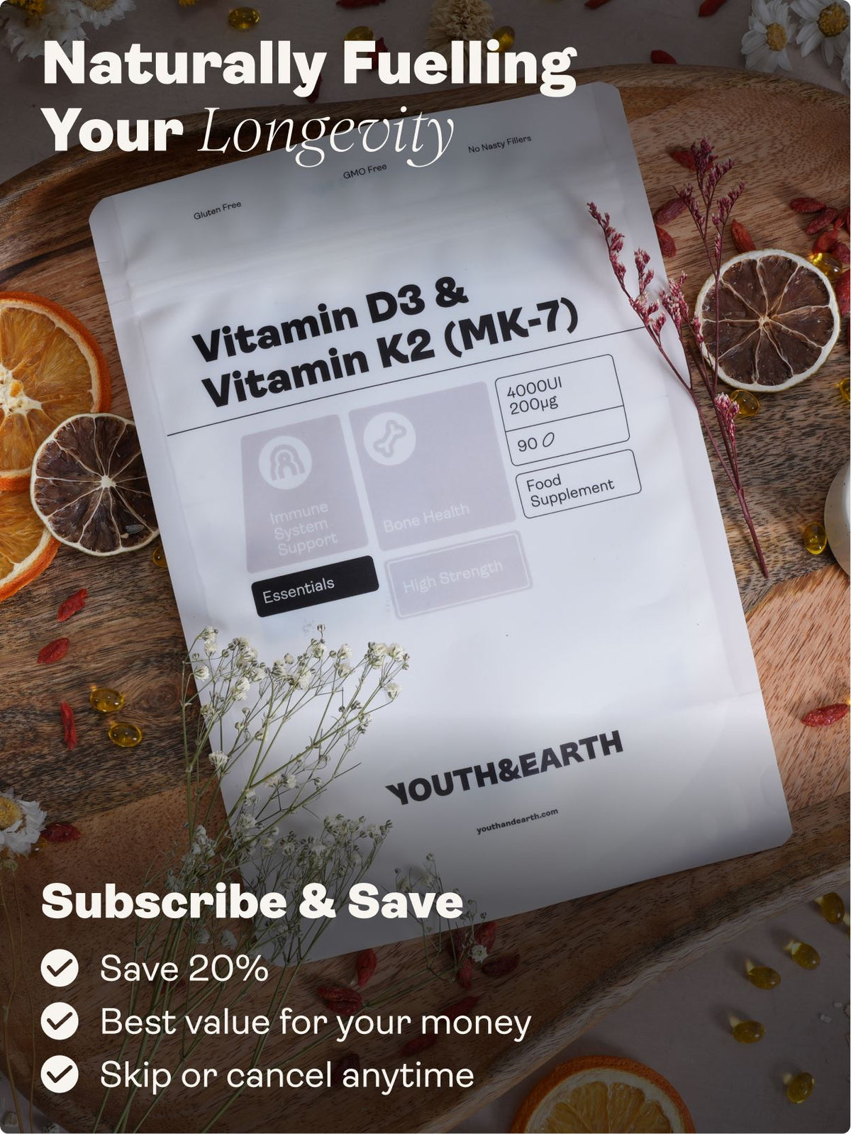 Vitamin D3 4000UI + K2 200mcg - Youth &amp; Earth UK Store - 