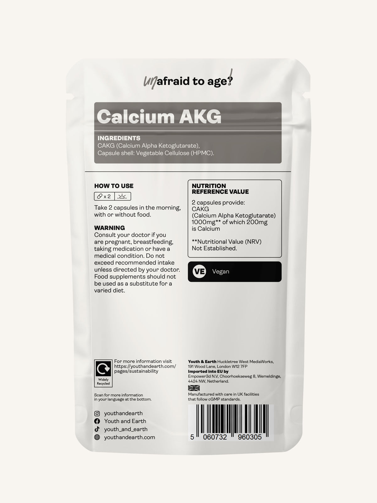 Calcium Alpha Keto-Glutarate (CALCIUM AKG) – 500mg x 60 Capsules Calcium Alpha Keto-Gluterate Youth &amp; Earth 