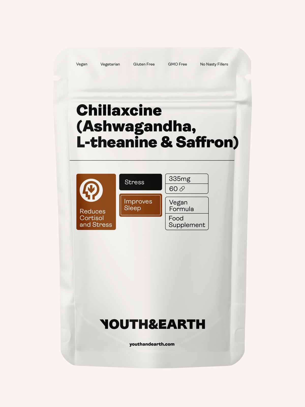 CHILLAXCINE (Ashwagandha, L-theanine &amp; Saffron) – 335mg x 60 Capsules Ashwagandha, L-theanine &amp; Saffron Youth &amp; Earth 