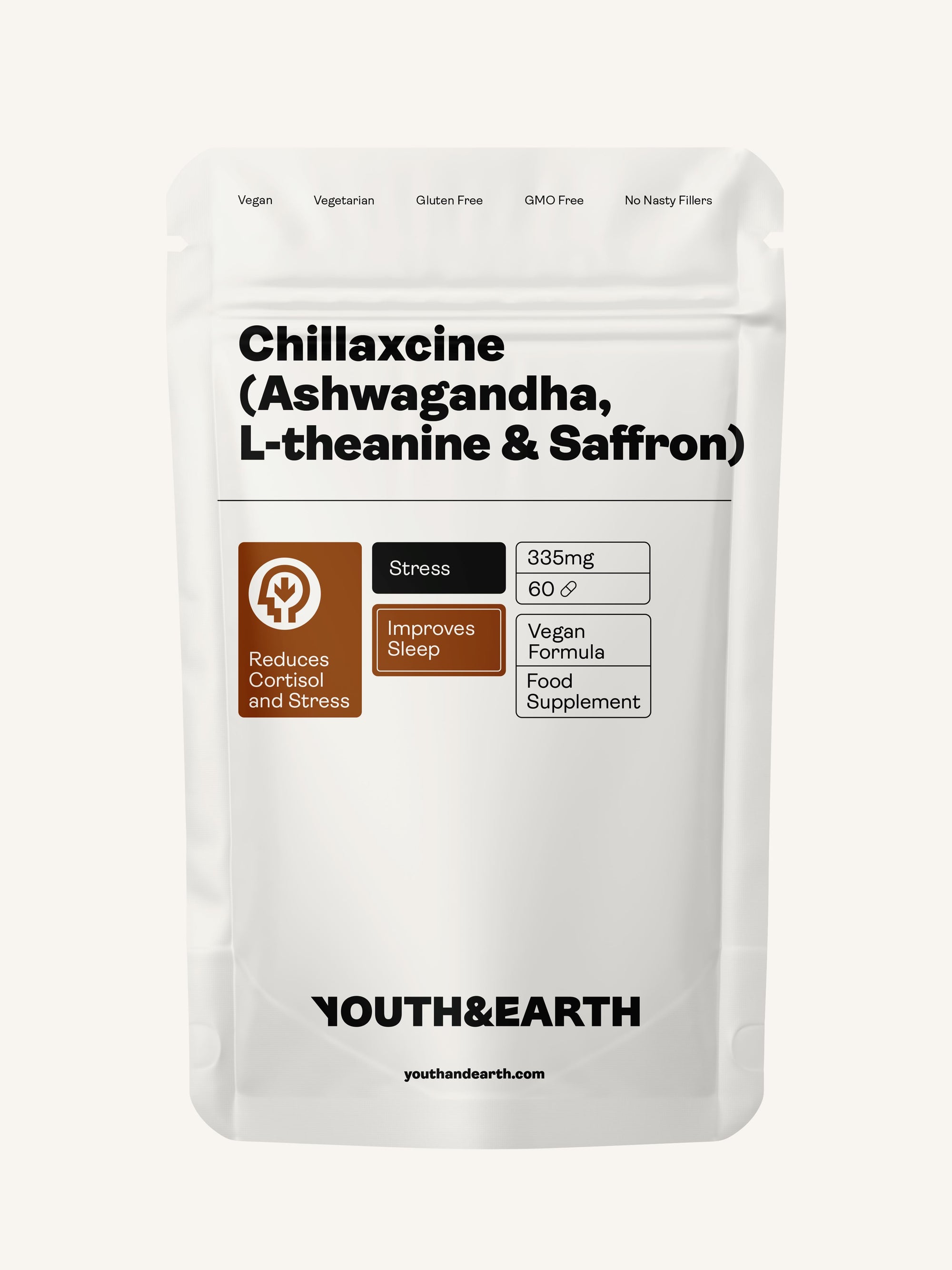 CHILLAXCINE (Ashwagandha, L-theanine & Saffron) – 335mg x 60 Capsules Ashwagandha, L-theanine & Saffron Youth & Earth 