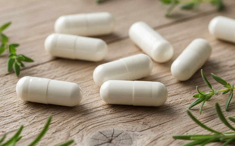White capsules on a wooden surface with green leaves