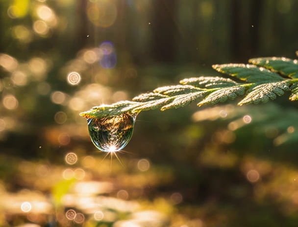 Close-up of a water droplet on a leaf with a blurred forest background