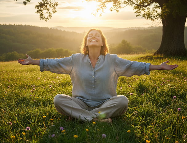 Woman sitting in a field with outstretched arms at sunset