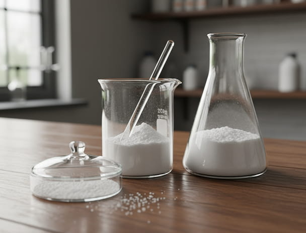 Three glass containers with white powders on a wooden surface, with a blurred kitchen background.