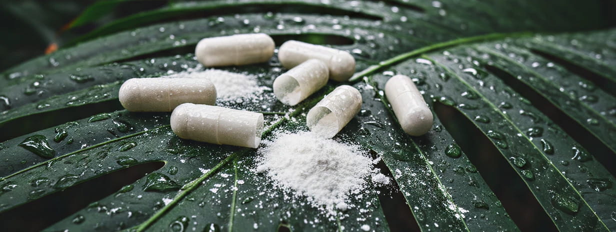 White capsules and powder on a wet green leaf