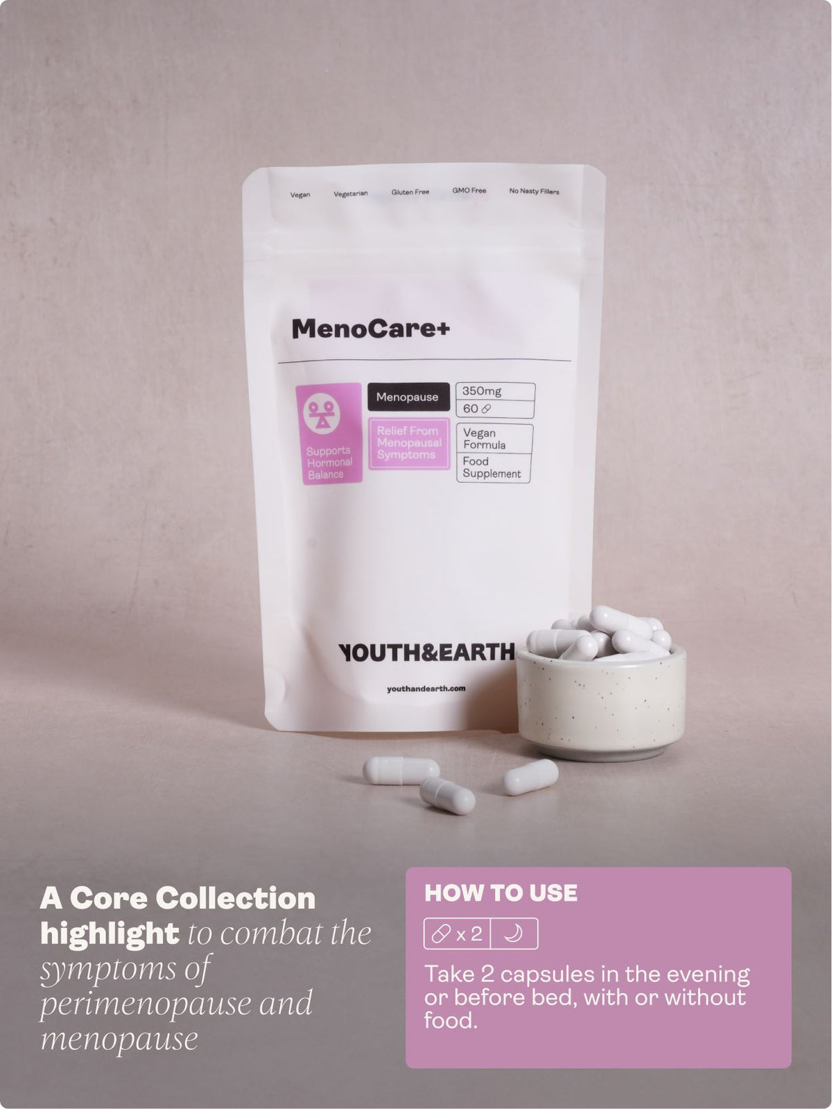 MenoCare+ 350mg x 60 Capsules Youth &amp; Earth 