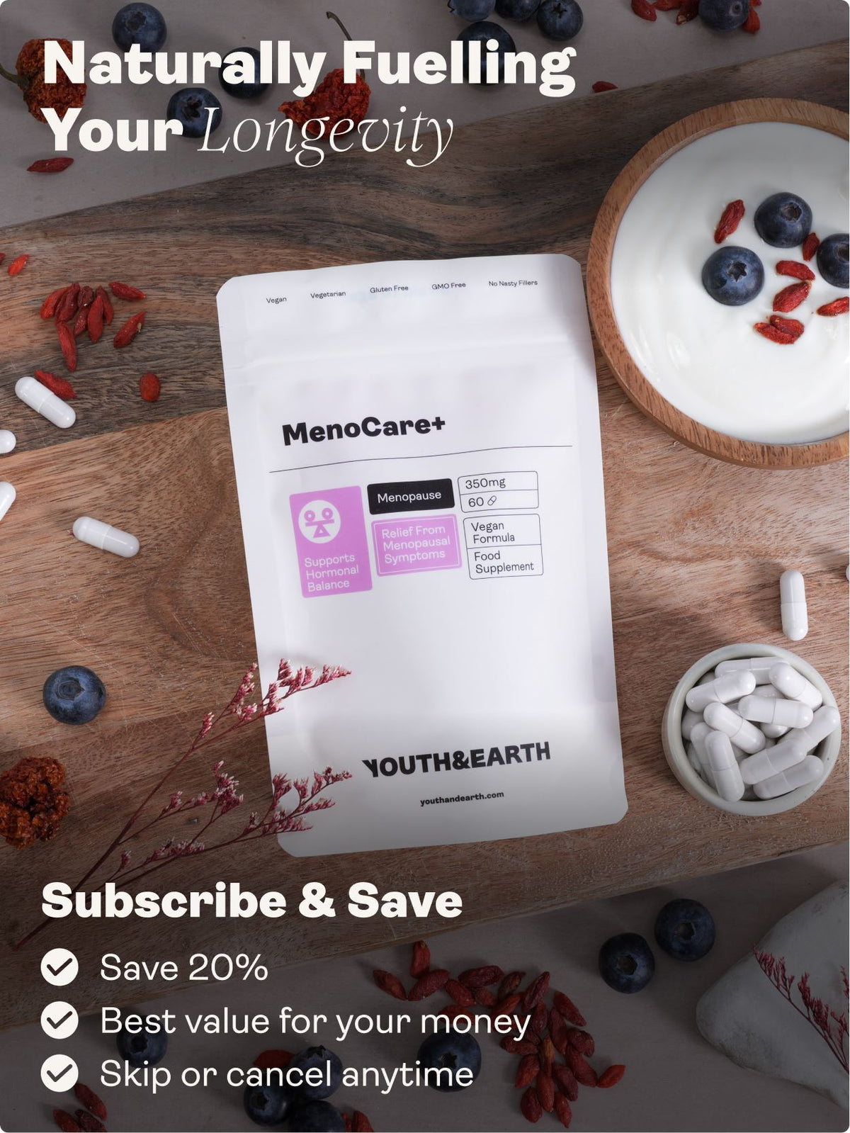 MenoCare+ 350mg x 60 Capsules Youth &amp; Earth 