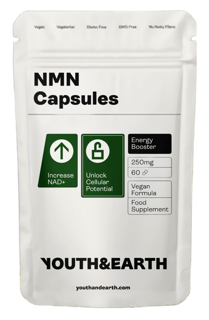 White package of NMN Capsules by Youth&Earth with green and black text.